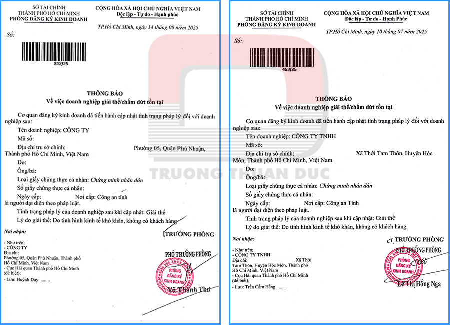 Thông báo về việc doanh nghiệp giải thể chấm dứt tồn tại