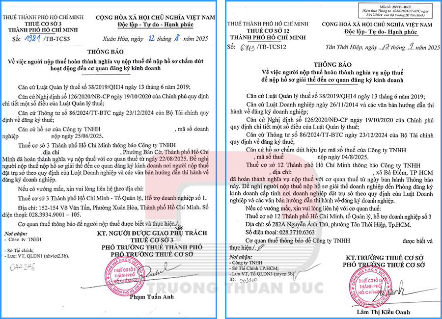 Thông báo chấm dứt hiệu lực mã số thuế khi giải thể doanh nghiệp